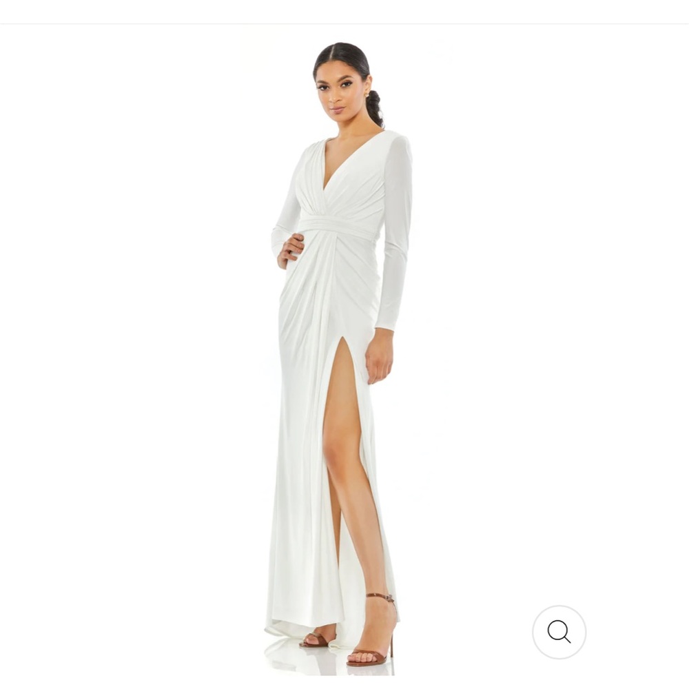 Mac Duggal V-Neck Long Sleeve High Slit Gown, white